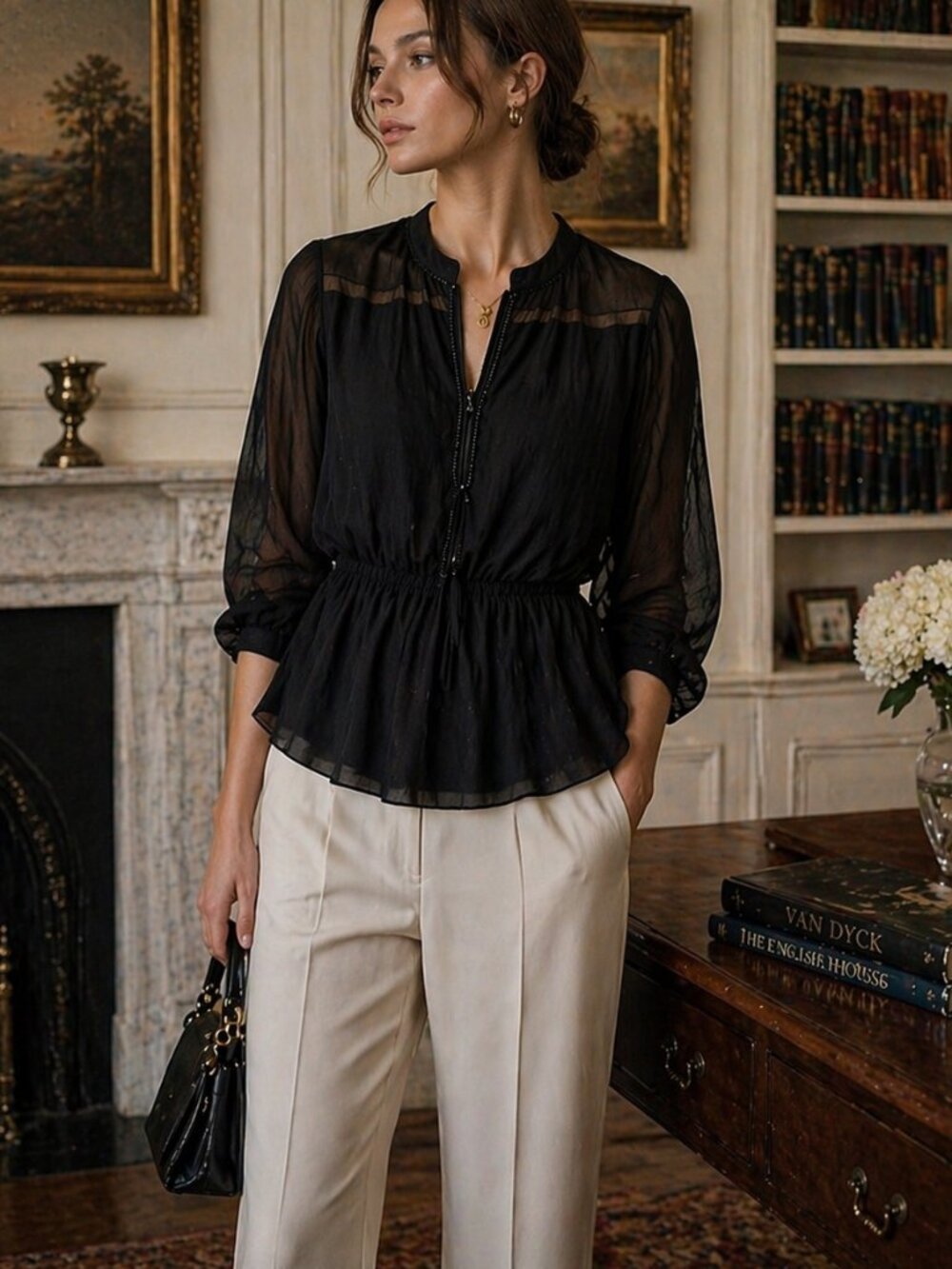 Leon Max Vintage 100% Silk Sheer Blouse Black Beaded Size 6 Small Elegant